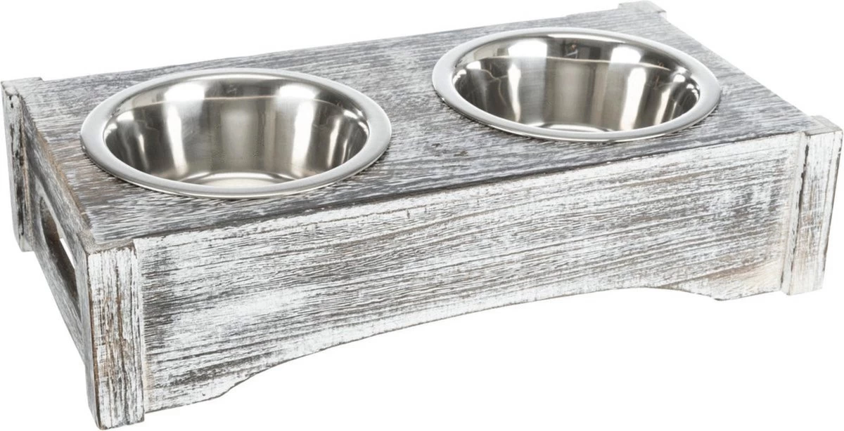 TRIXIE VOERBAK / DRINKBAK SET RVS HOUT WIT 1 TRIXIE VOERBAK / DRINKBAK SET RVS HOUT WIT